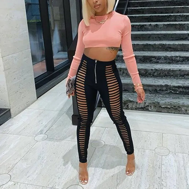Solid Long Sleeve Crop Top & Cut Out Pants Set