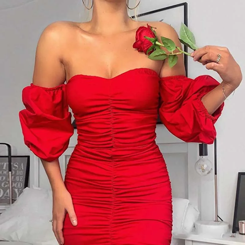 Solid Off Shoulder Long Sleeve Ruched Bodycon Dress