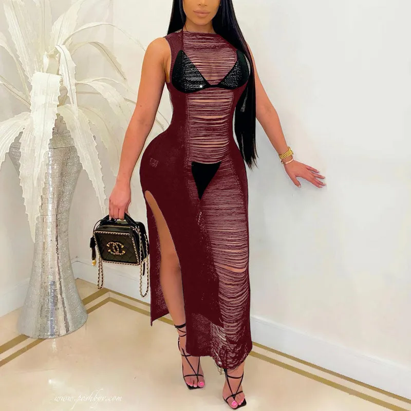 Solid Sleeveless See Through Cut Out Cover Up Dress
