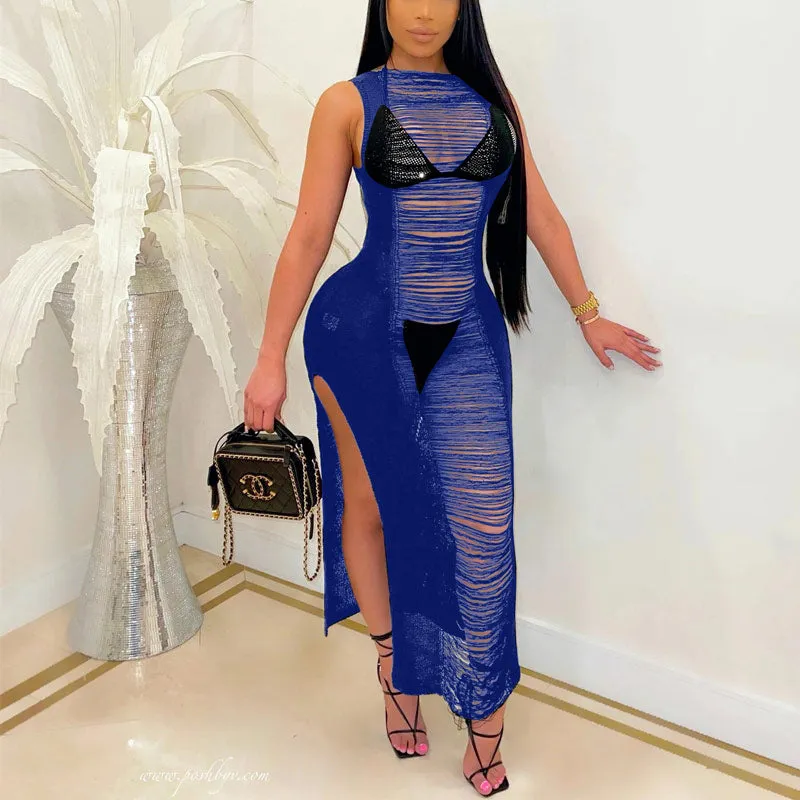 Solid Sleeveless See Through Cut Out Cover Up Dress
