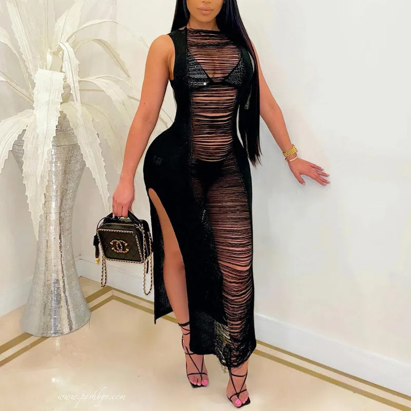 Solid Sleeveless See Through Cut Out Cover Up Dress