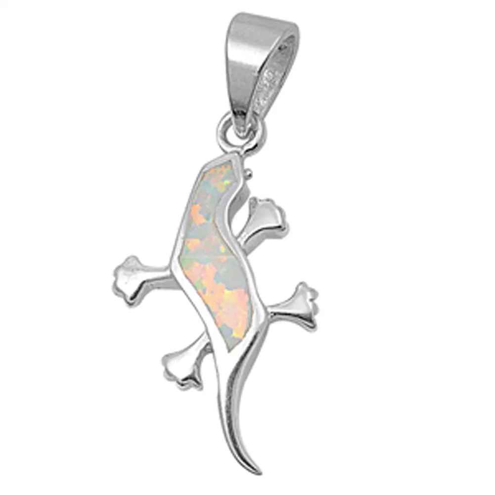 Sterling Silver Simple High Polish Lizard Plain White Simulated Opal Pendant