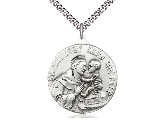 Sterling Silver St Anthony Pendant on a 24 inch Light Rhodium Heavy Curb Chain.