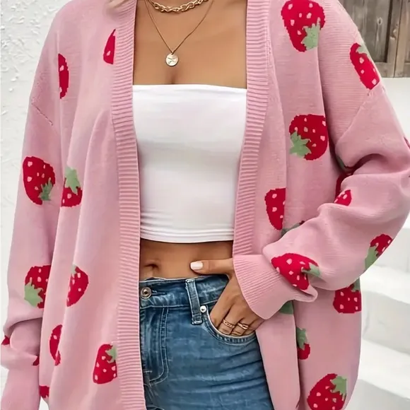 Strawberry Pattern Open Front Knitted Cardigan, Casual Long Sleeve Drop Shoulder