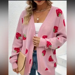 Strawberry Pattern Open Front Knitted Cardigan, Casual Long Sleeve Drop Shoulder