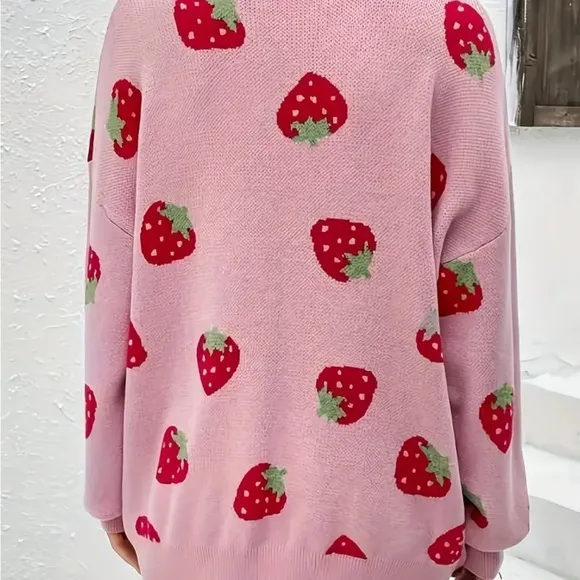 Strawberry Pattern Open Front Knitted Cardigan, Casual Long Sleeve Drop Shoulder