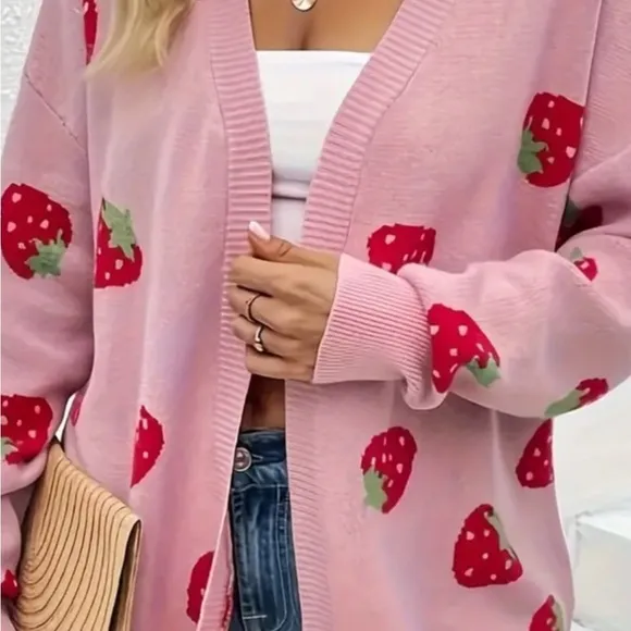 Strawberry Pattern Open Front Knitted Cardigan, Casual Long Sleeve Drop Shoulder