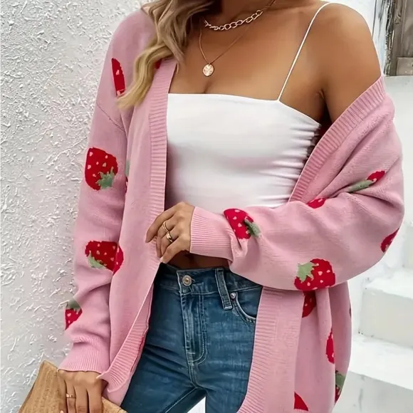 Strawberry Pattern Open Front Knitted Cardigan, Casual Long Sleeve Drop Shoulder