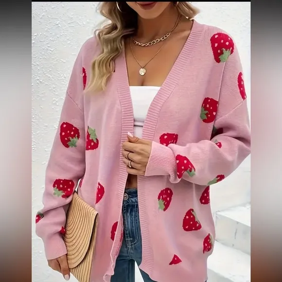 Strawberry Pattern Open Front Knitted Cardigan, Casual Long Sleeve Drop Shoulder