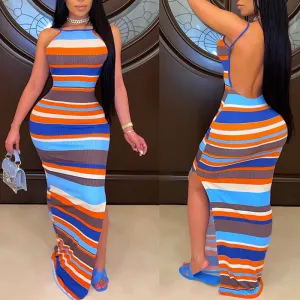 Striped Pattern Backless High Split Maxi Dress