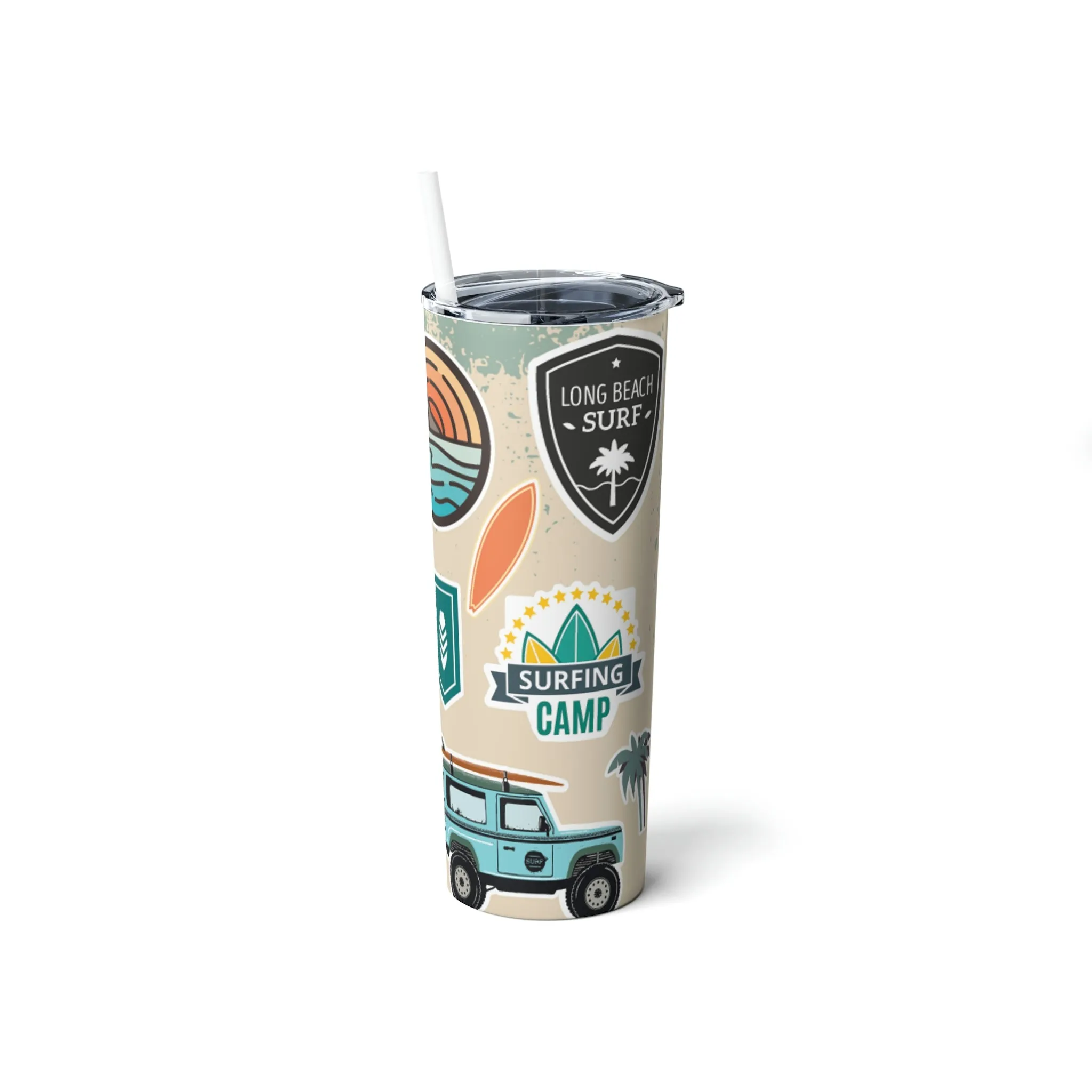 Surf and Beach Sticker Collage Skinny Steel Tumbler with Straw, 20oz