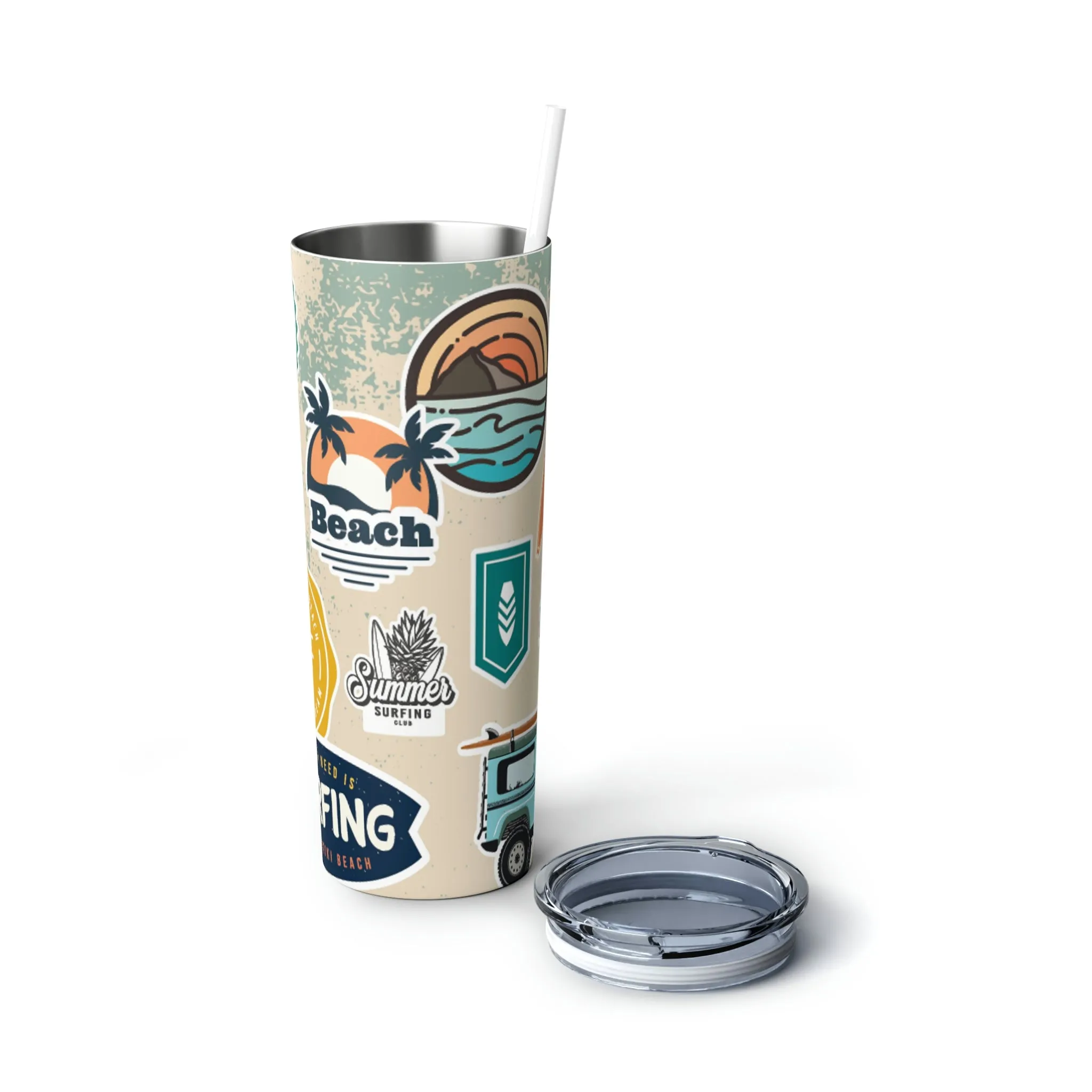 Surf and Beach Sticker Collage Skinny Steel Tumbler with Straw, 20oz