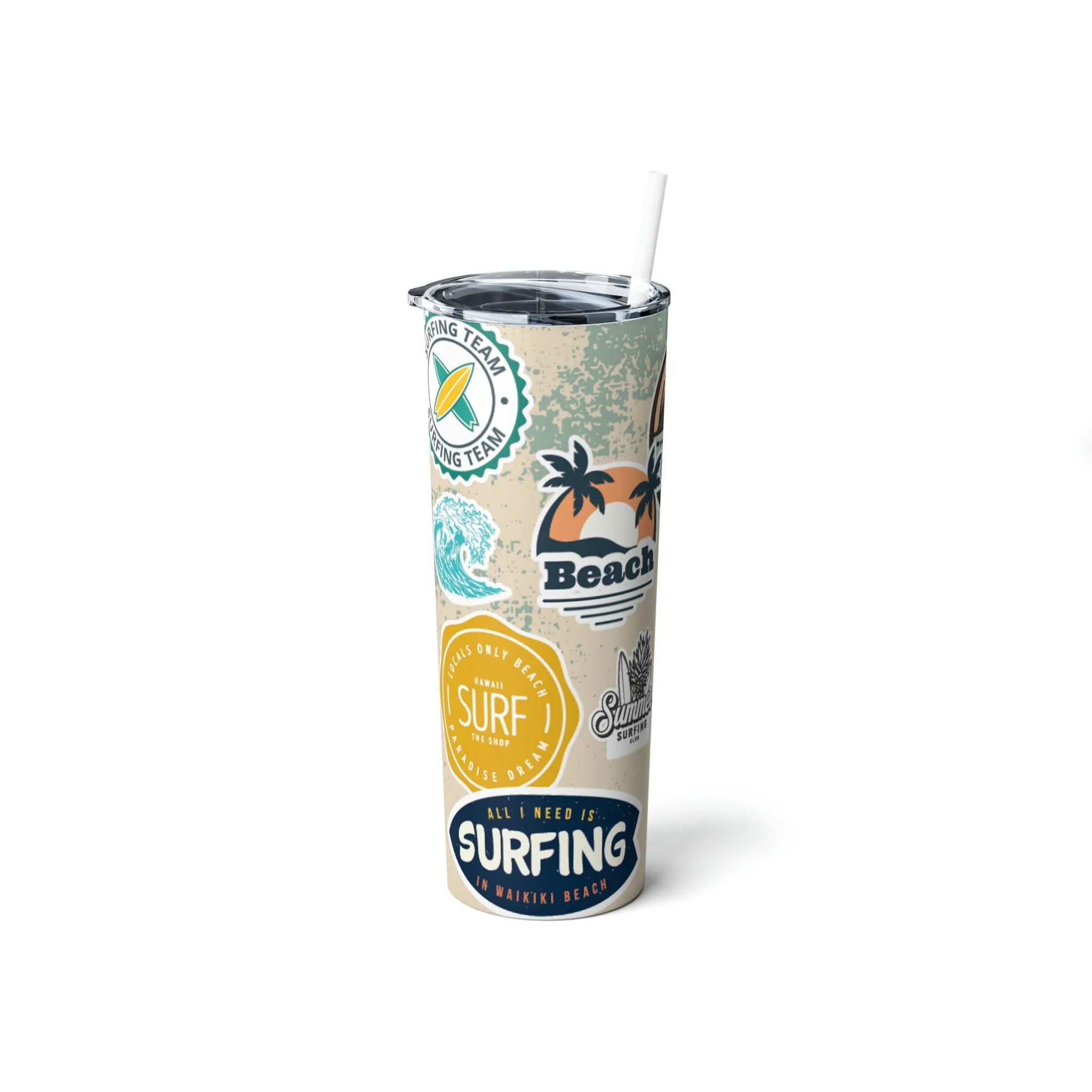 Surf and Beach Sticker Collage Skinny Steel Tumbler with Straw, 20oz