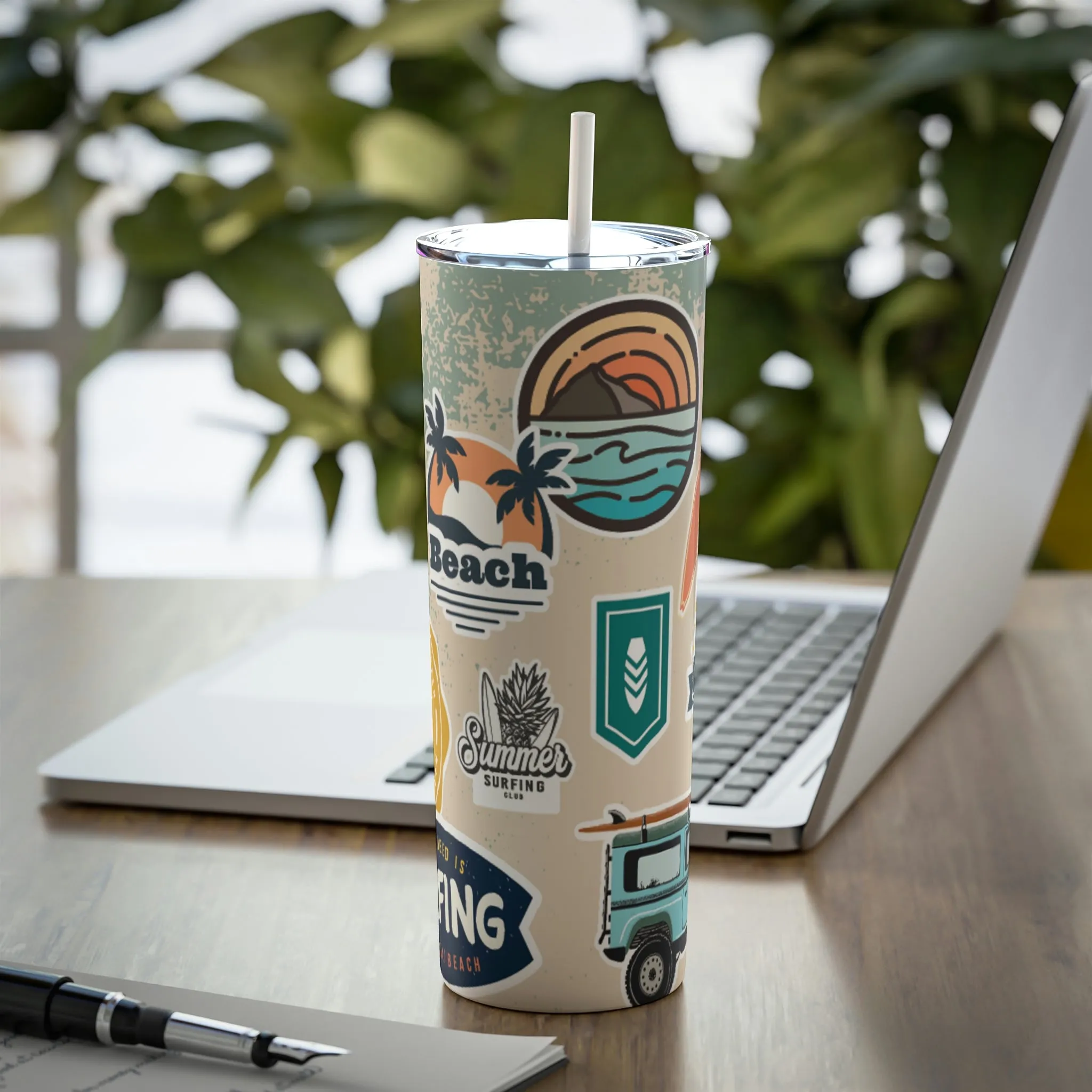 Surf and Beach Sticker Collage Skinny Steel Tumbler with Straw, 20oz