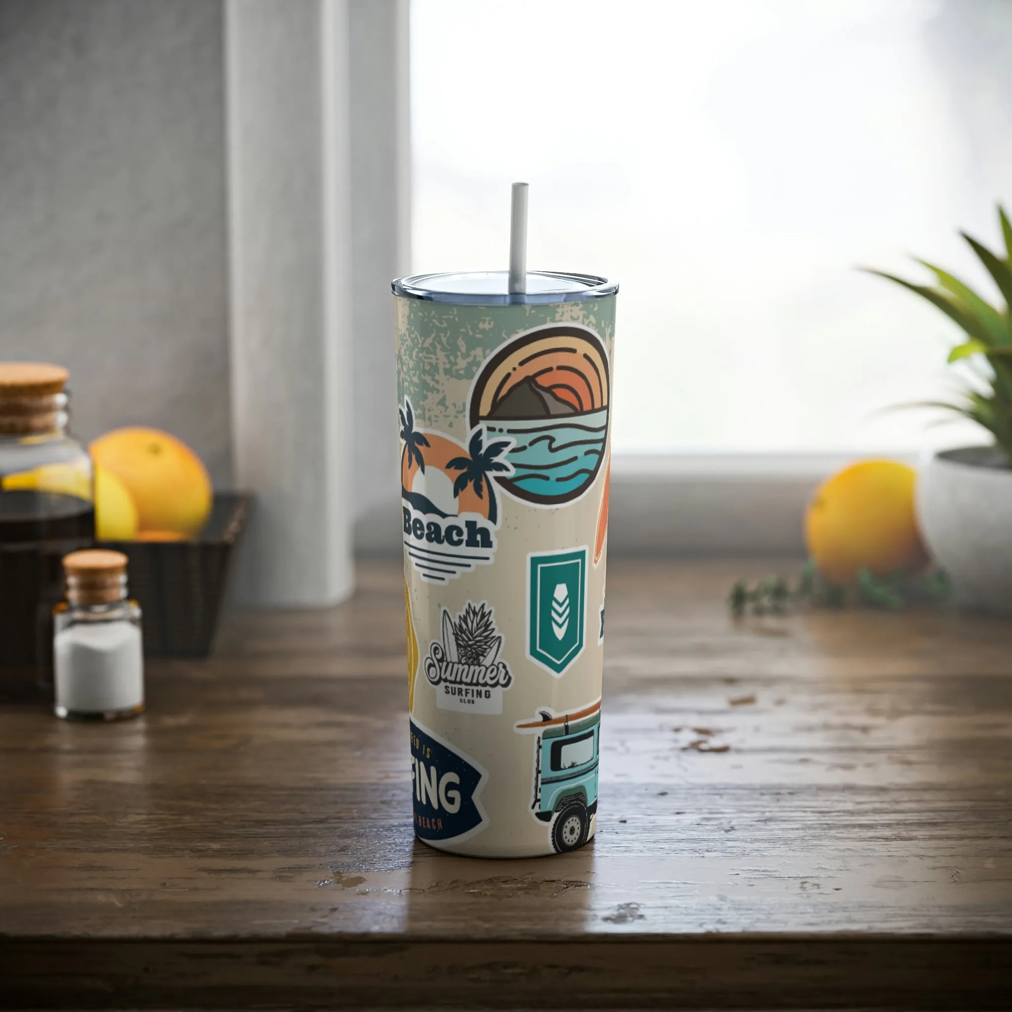 Surf and Beach Sticker Collage Skinny Steel Tumbler with Straw, 20oz