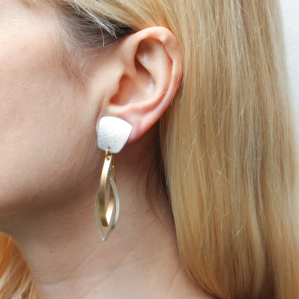 Tapered Square with Interlocking Pointed Ribbon Hoops Clip or Post Earring