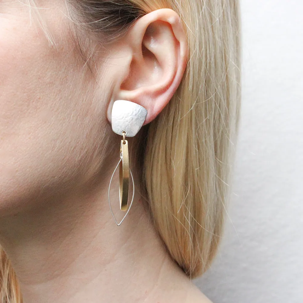 Tapered Square with Interlocking Pointed Ribbon Hoops Clip or Post Earring