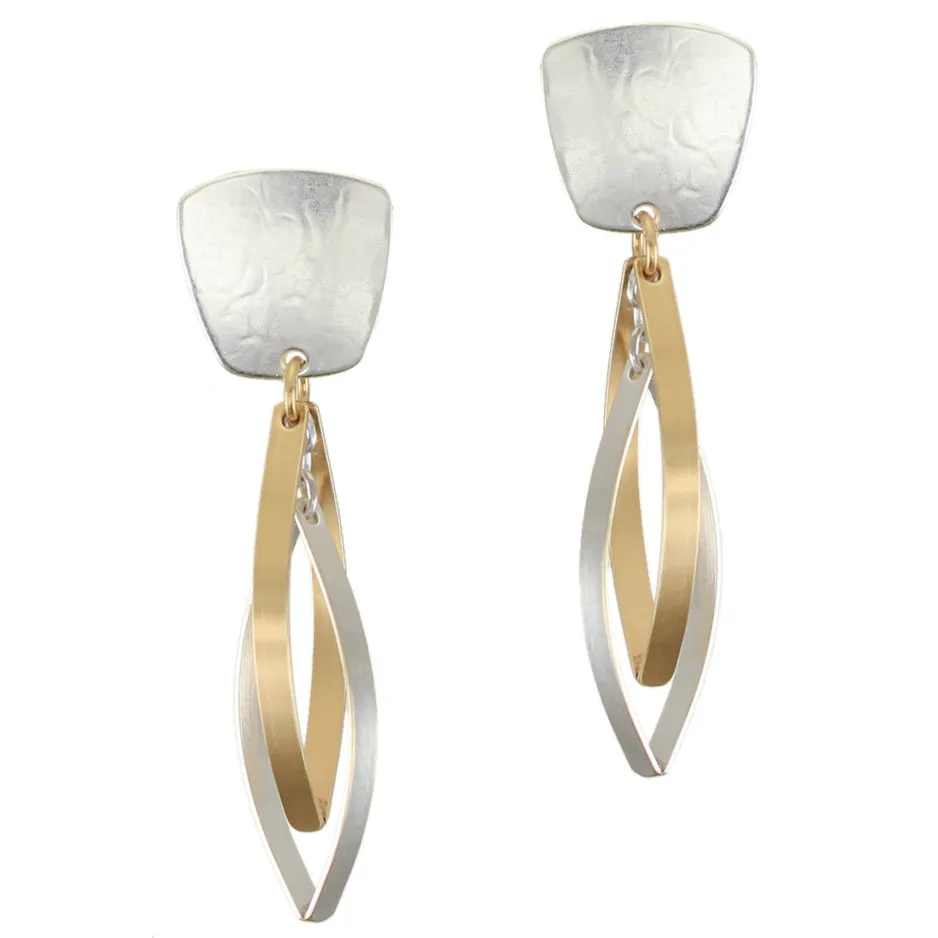 Tapered Square with Interlocking Pointed Ribbon Hoops Clip or Post Earring