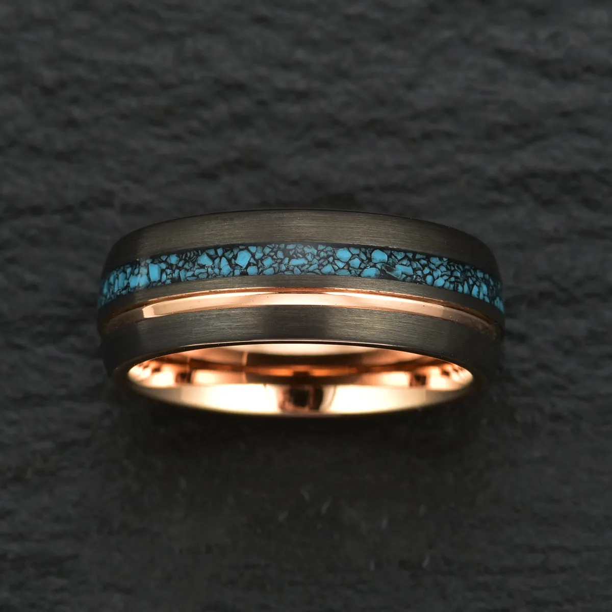 The Rosy Blue Ring - Turquoise Rose Tungsten Wedding Band 8MM