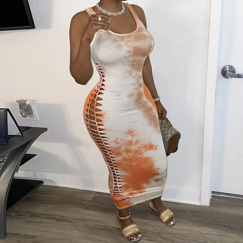 Tie Dye Print Sleeveless Cut Out Maxi Dress