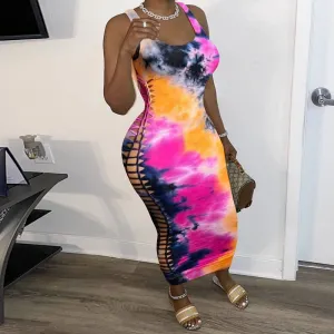 Tie Dye Print Sleeveless Cut Out Maxi Dress