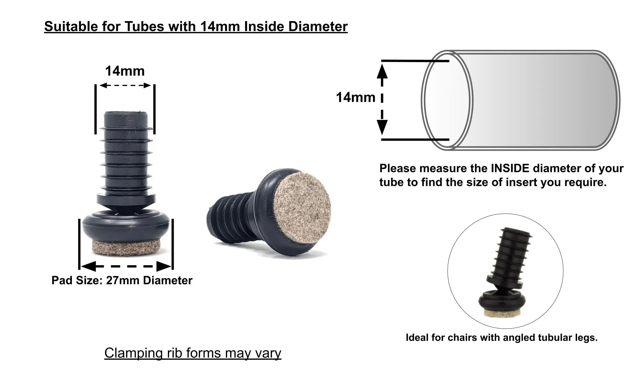 Tube Inserts with Felt Base for Angled Chair Legs with 14mm Inside Diameter (27mm Felt) | Made in Germany | Keay Vital Parts