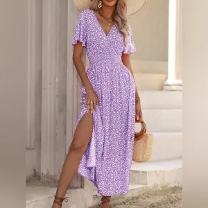 V neck flutter sleeve boho floral print maxi dress purple