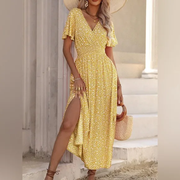 V neck flutter sleeve boho floral print maxi dress purple