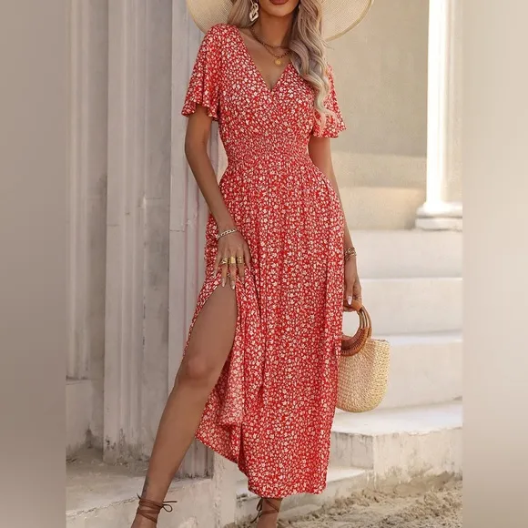 V neck flutter sleeve boho floral print maxi dress purple