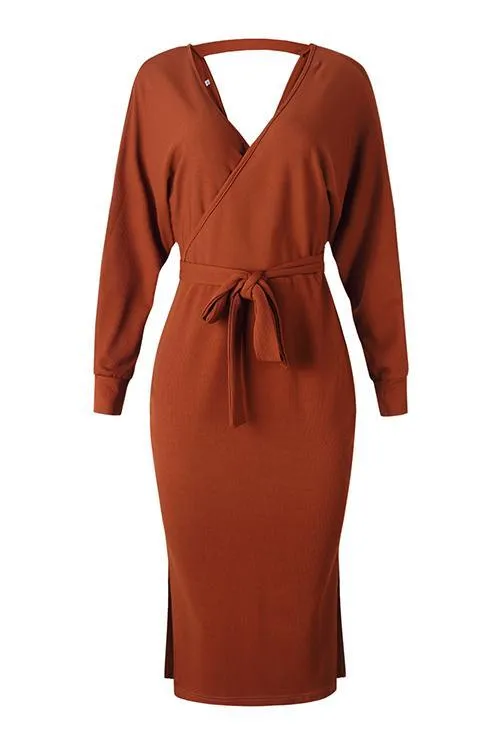 V Neck Side Slit Bleted Dress
