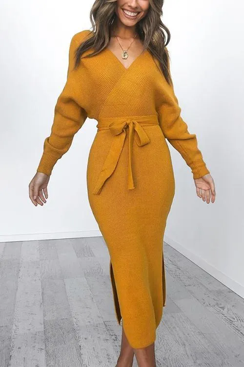 V Neck Side Slit Bleted Dress