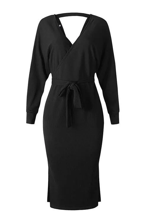V Neck Side Slit Bleted Dress