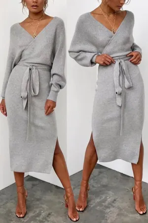 V Neck Side Slit Bleted Dress