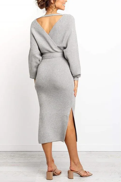 V Neck Side Slit Bleted Dress