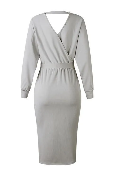 V Neck Side Slit Bleted Dress