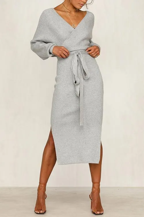 V Neck Side Slit Bleted Dress