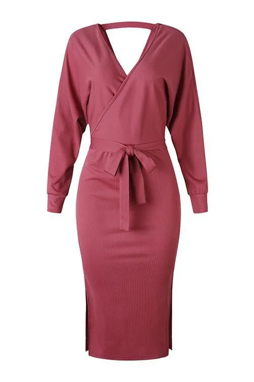 V Neck Side Slit Bleted Dress