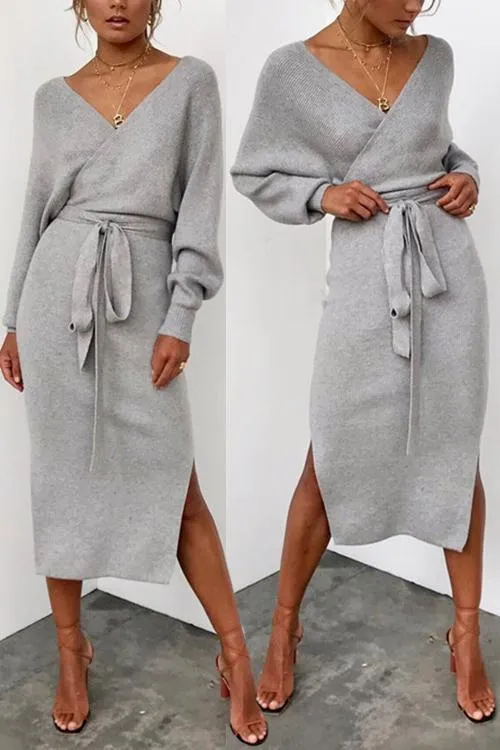 V Neck Side Slit Bleted Dress