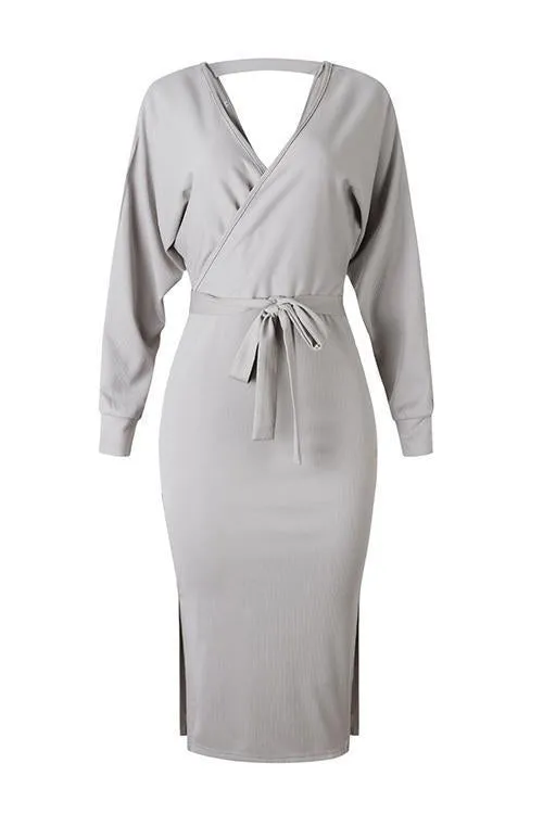 V Neck Side Slit Bleted Dress