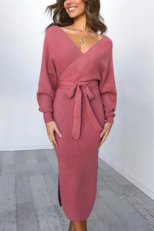 V Neck Side Slit Bleted Dress