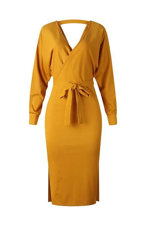 V Neck Side Slit Bleted Dress