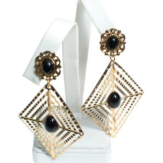 Vintage Large Gold and Black Geometric Diamond Shape Statement Earrings