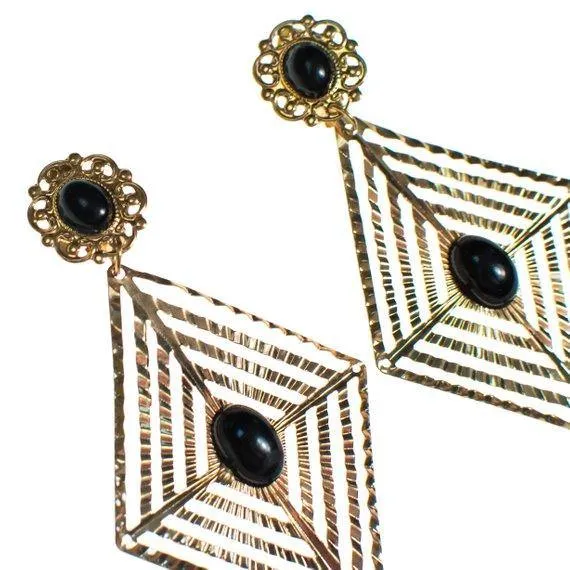 Vintage Large Gold and Black Geometric Diamond Shape Statement Earrings