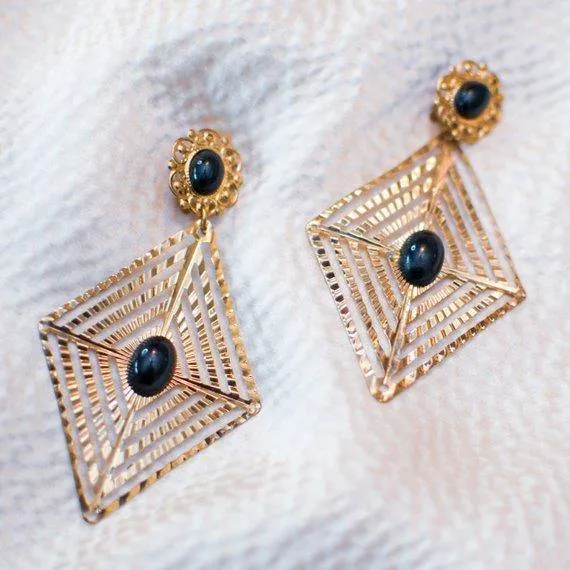 Vintage Large Gold and Black Geometric Diamond Shape Statement Earrings