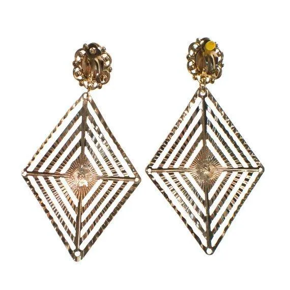Vintage Large Gold and Black Geometric Diamond Shape Statement Earrings