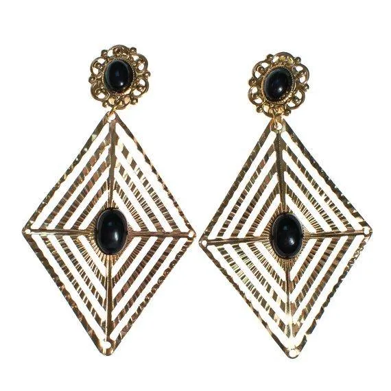 Vintage Large Gold and Black Geometric Diamond Shape Statement Earrings