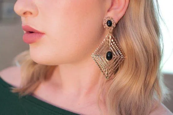 Vintage Large Gold and Black Geometric Diamond Shape Statement Earrings