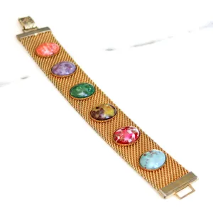 Vintage Sarah Coventry Mesh Bracelet with Colorful Cabochons