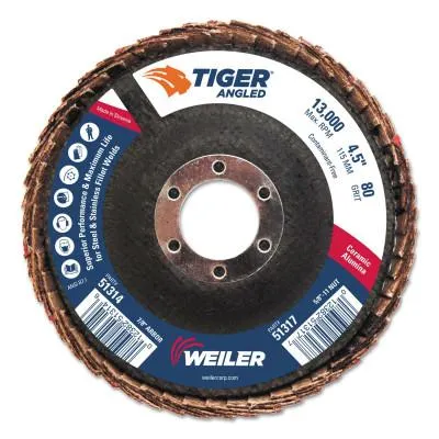 Weiler® Tiger Angled Flap Disc, 7/8 in, 80 Grit, 10 per Box, 51314
