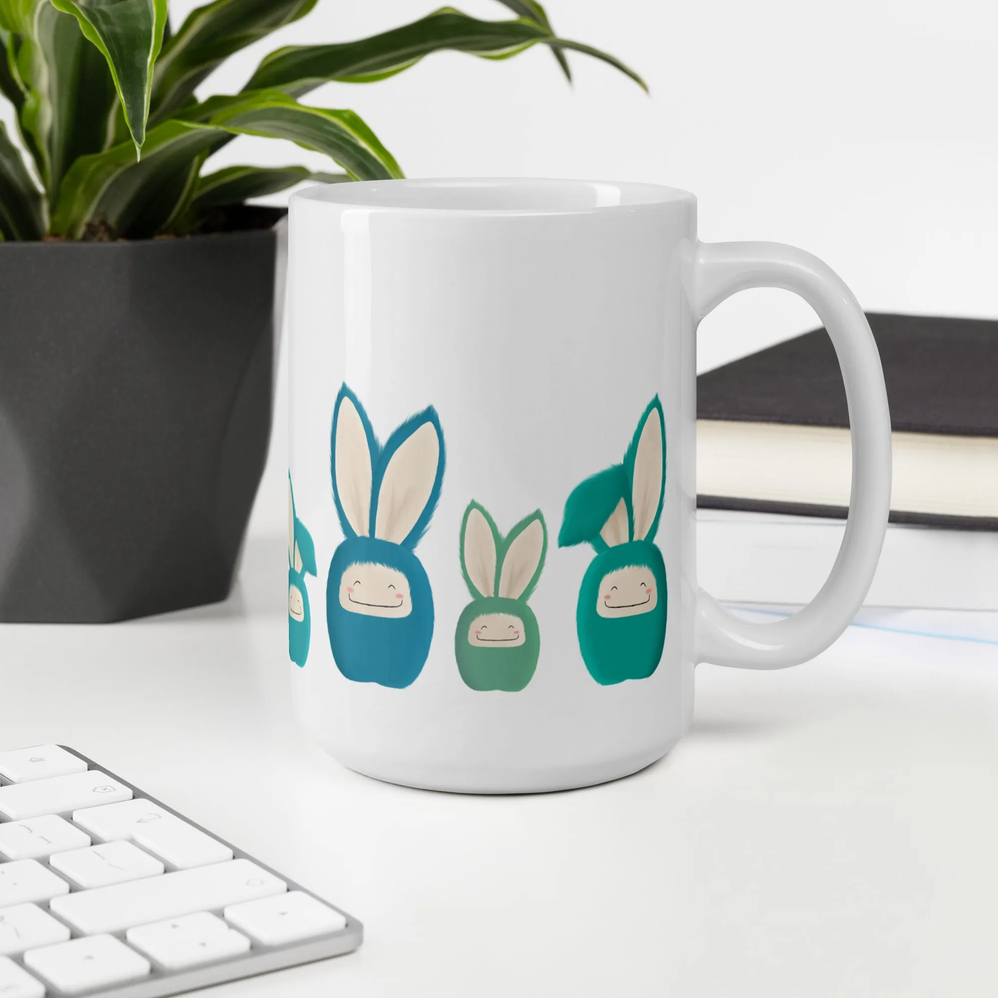 White glossy mug Bunnies Blue/Turquoise